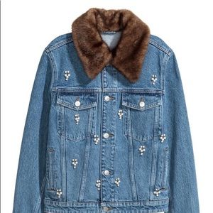 H&M Rhinestone Denim Jacket w/ Faux Fur Collar